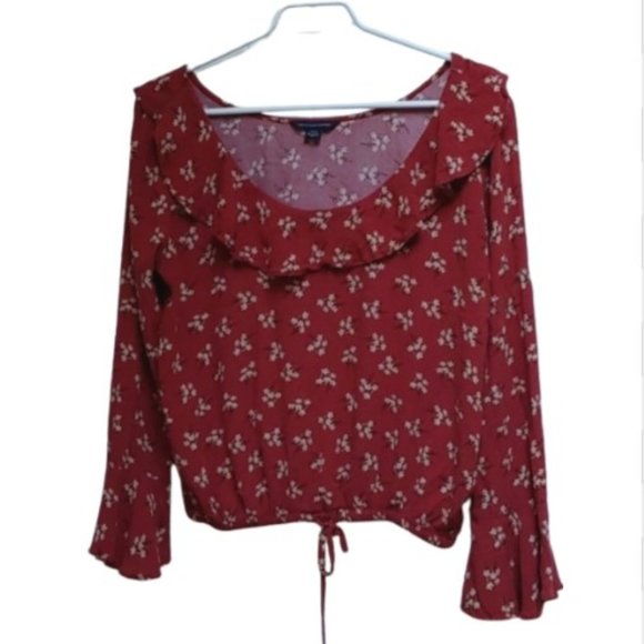 American Eagle Outfitters cropped dark red long bell sleeves blouse tunic - Picture 2 of 13